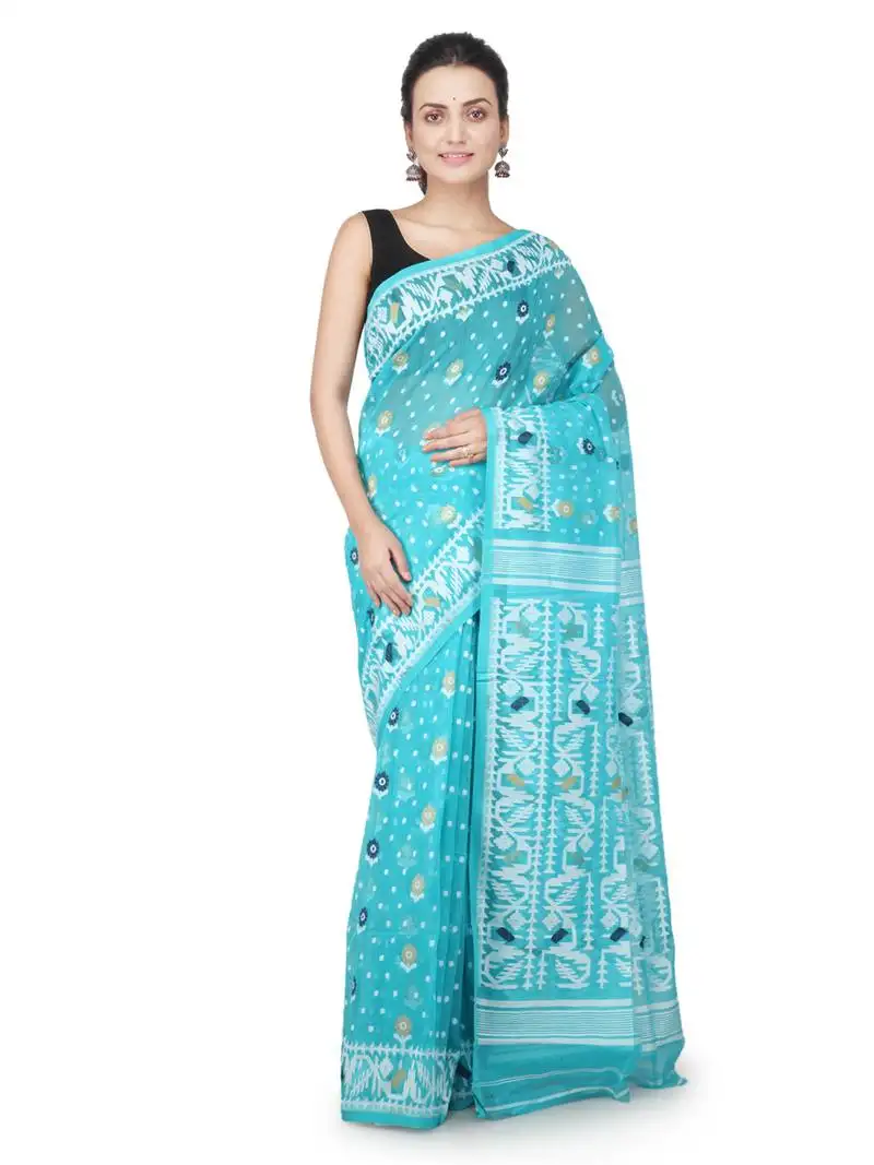 Turquoise hand woven pure cotton saree without blouse
