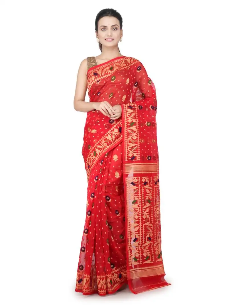 Red hand woven pure cotton saree without blouse
