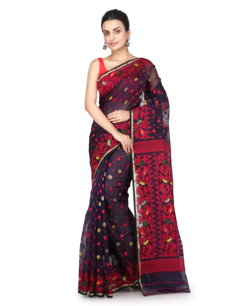 Blue hand woven pure cotton saree without blouse