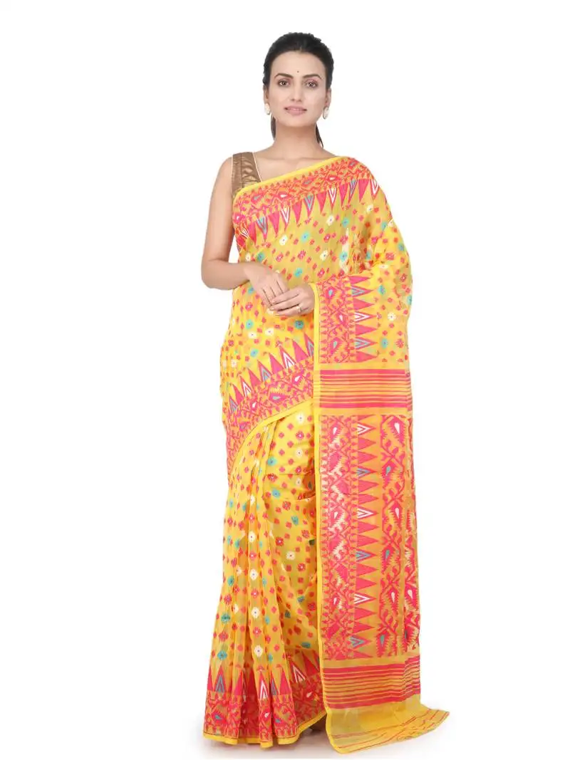 Yellow hand woven pure cotton saree without blouse