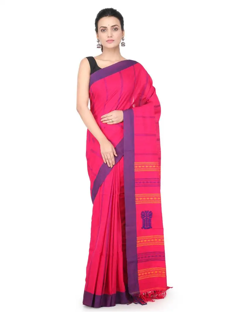 Pink hand woven pure cotton saree with blouse