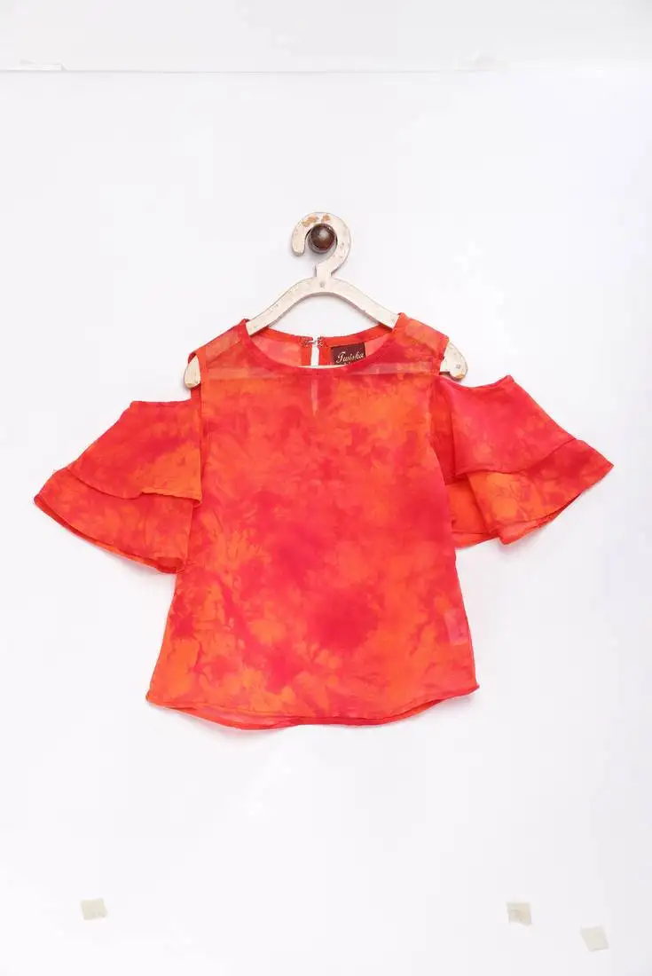 Orange printed georgette kids-tops