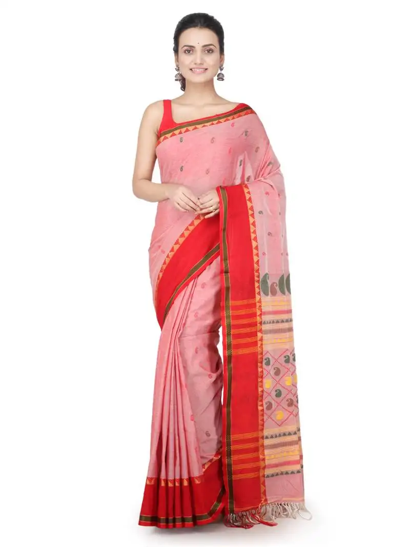 Red hand woven pure cotton saree with blouse