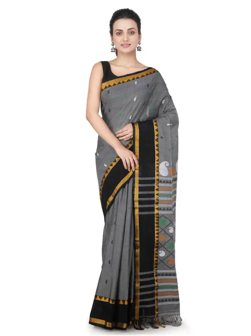 Grey hand woven pure cotton saree with blouse