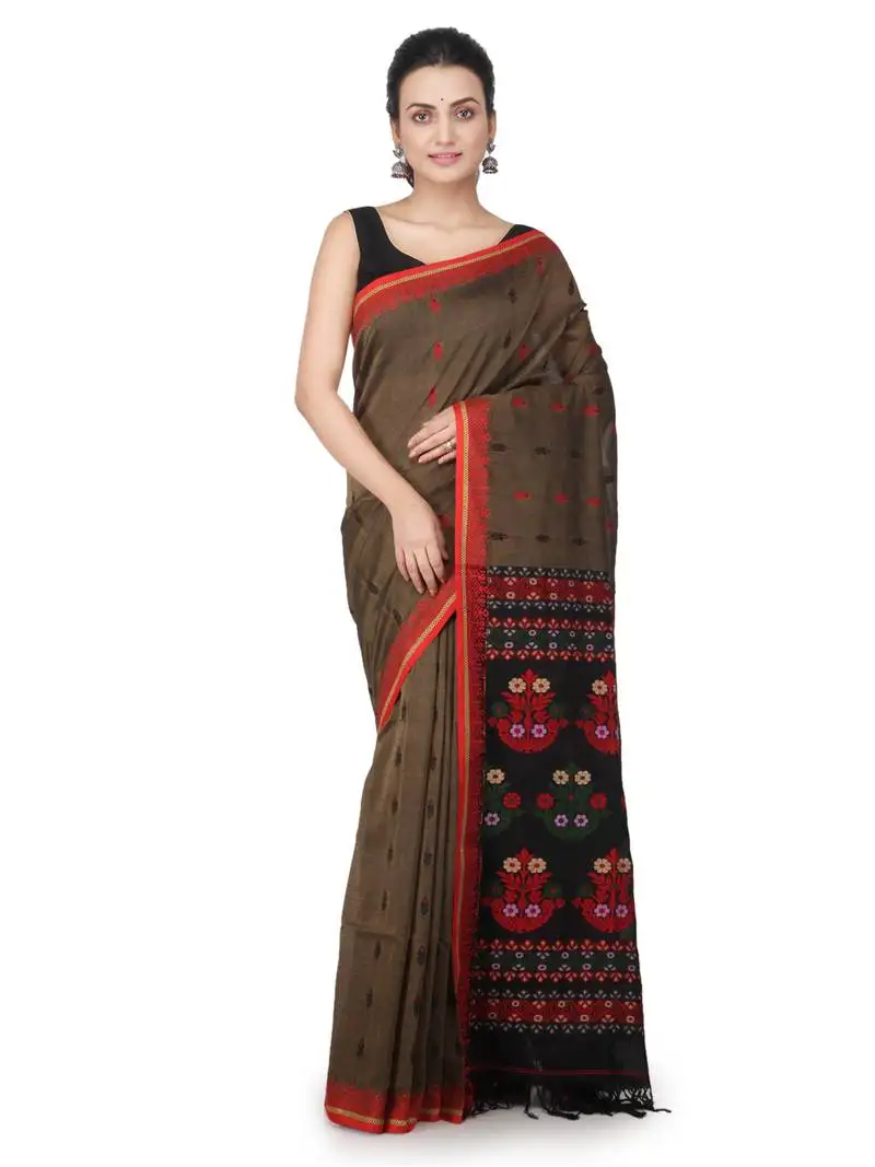 Brown hand woven pure cotton saree with blouse