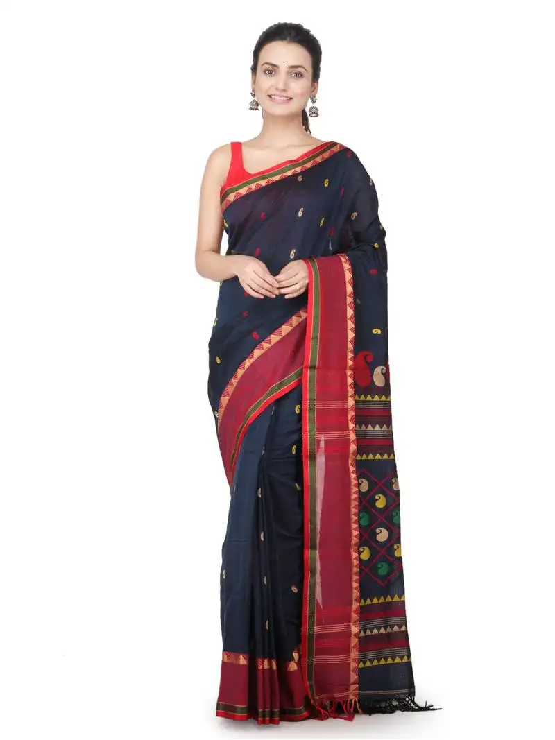 Teal hand woven pure cotton saree with blouse