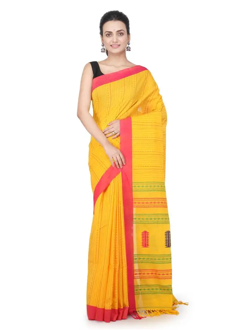 Yellow hand woven pure cotton saree with blouse