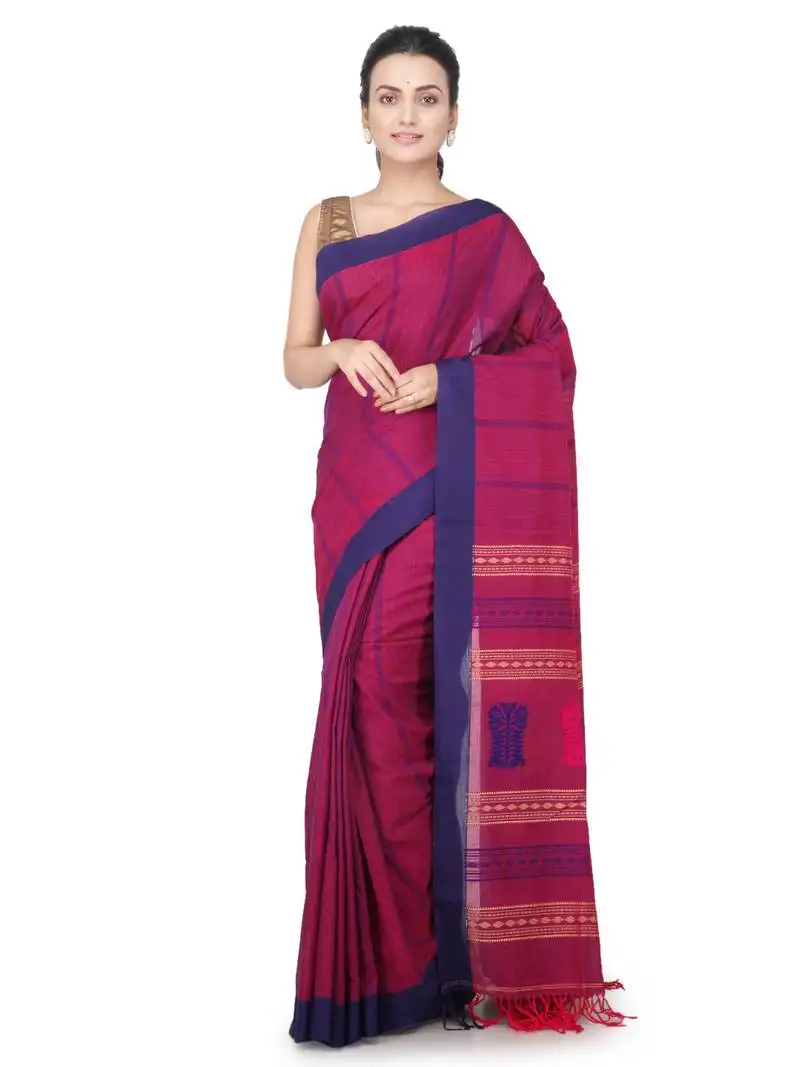 Magenta hand woven pure cotton saree with blouse