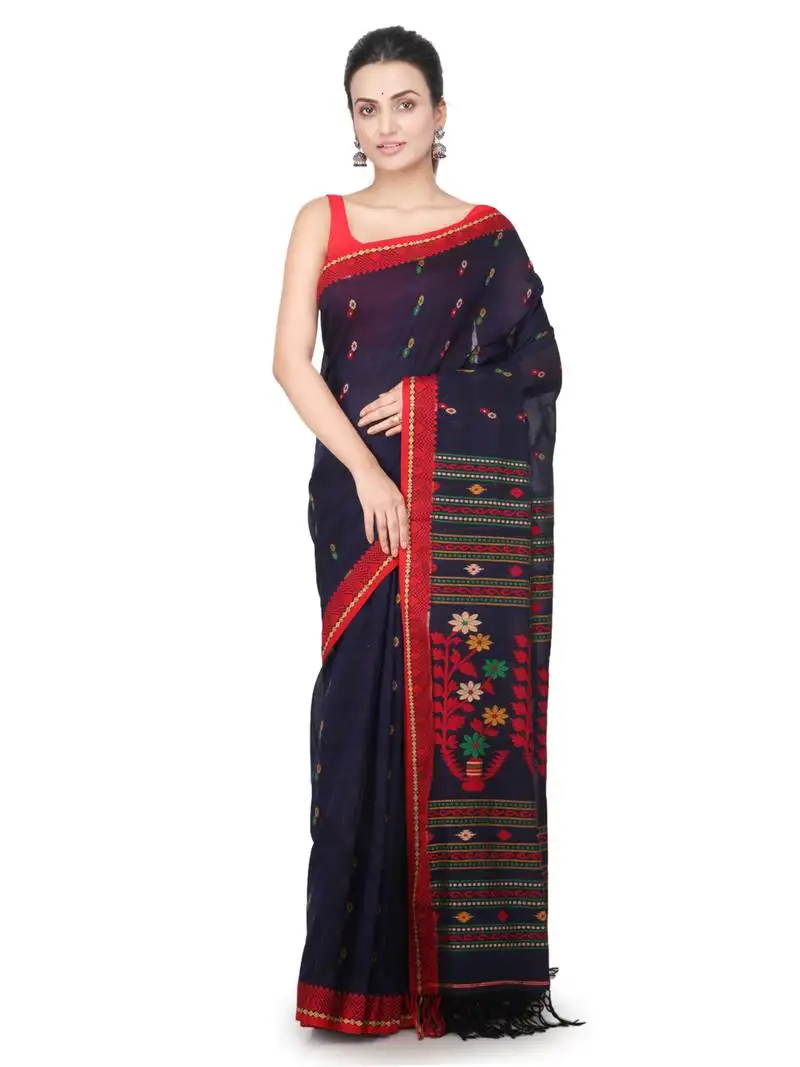 Blue hand woven pure cotton saree with blouse