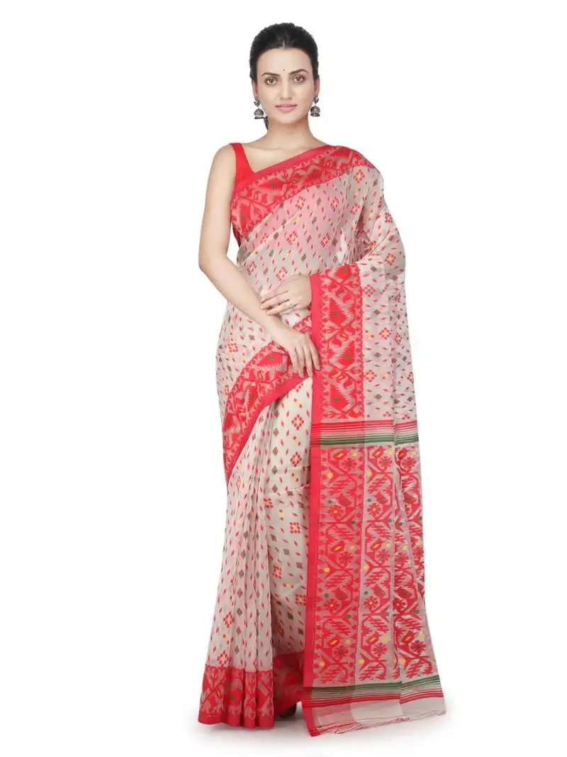 Off white hand woven pure cotton saree without blouse