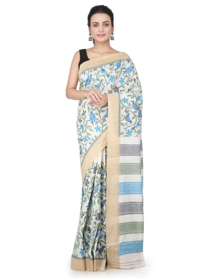 Off white hand woven silk saree with blouse