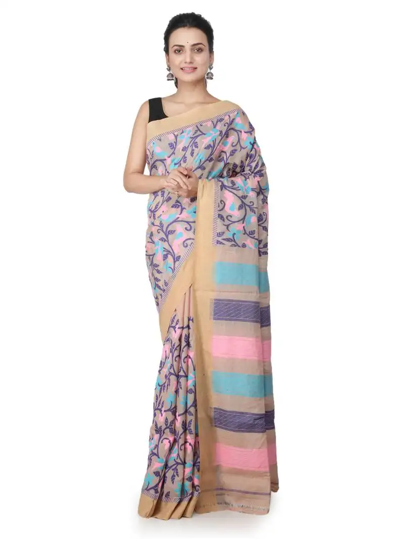Beige hand woven silk saree with blouse
