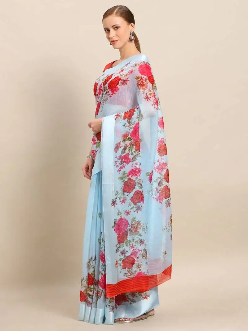 Sky blue printed linen saree with blouse