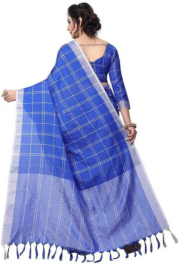 Royal blue woven cotton silk saree with blouse