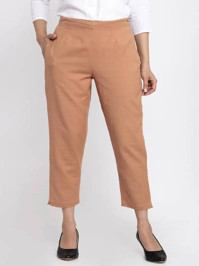 Indibelle brown plain cotton trousers