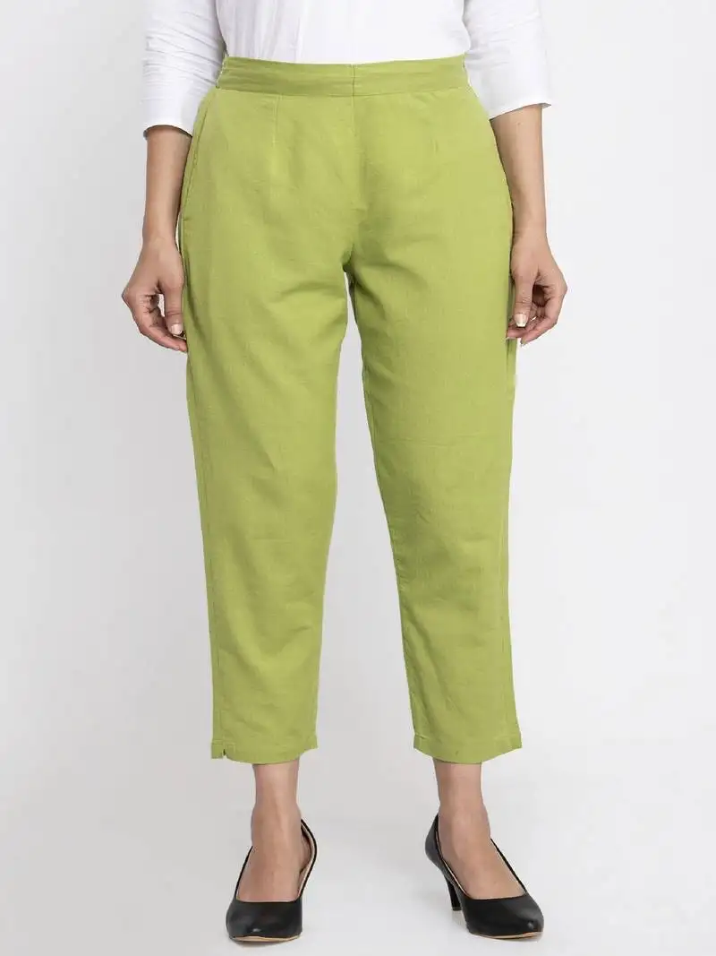 Indibelle green plain cotton trousers