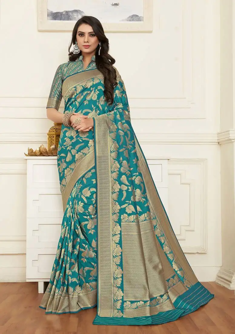 Dark sky blue woven silk blend saree with blouse