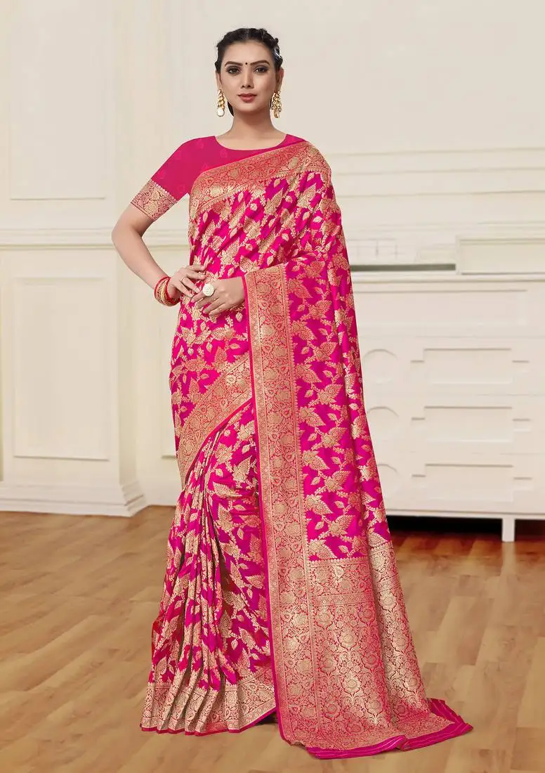 Rani pink woven banarasi silk saree with blouse