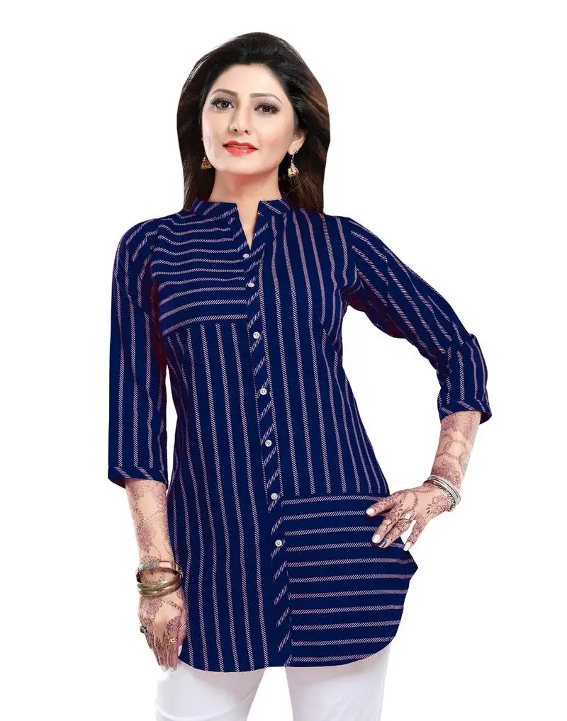 Blue printed crepe short-kurtis