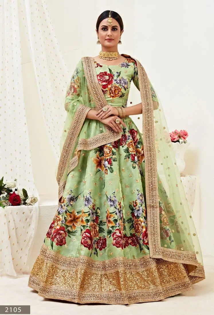 Provocative pista green motif, dori, zari and sequins embroidered banglory satin semi stitched lehenga choli for bridal