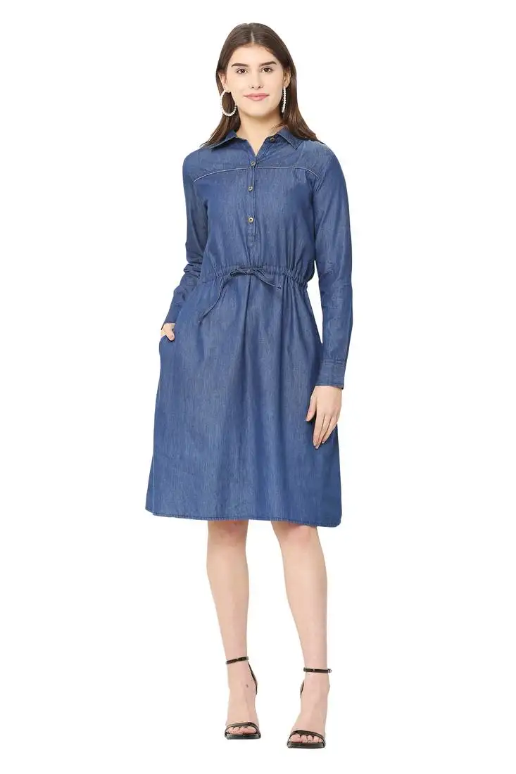 Navy-blue plain denim short-dresses