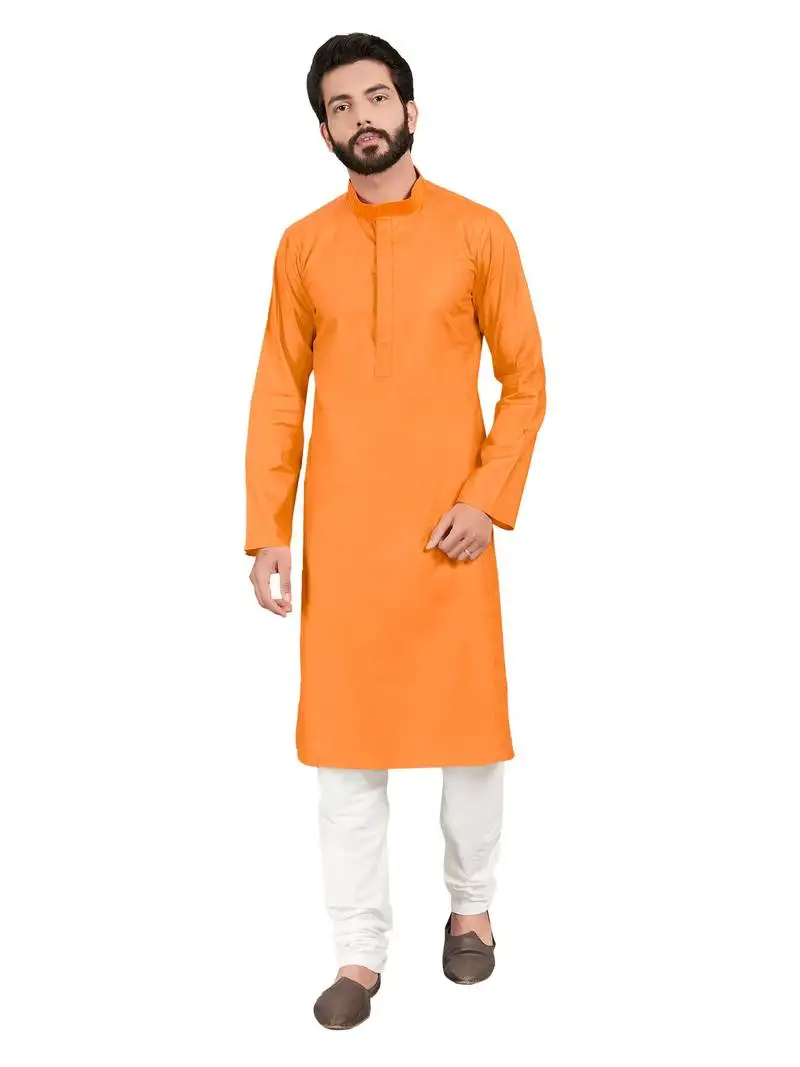 Orange plain pure cotton kurta-pajama