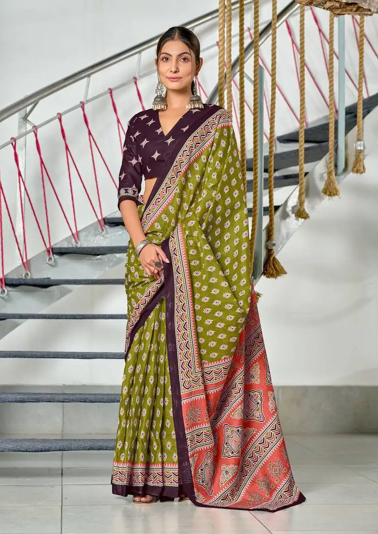 Mehendi mulmul cotton printed fancy saree with blouse