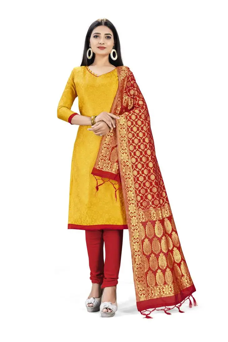 Yellow printed art silk salwar unstitched