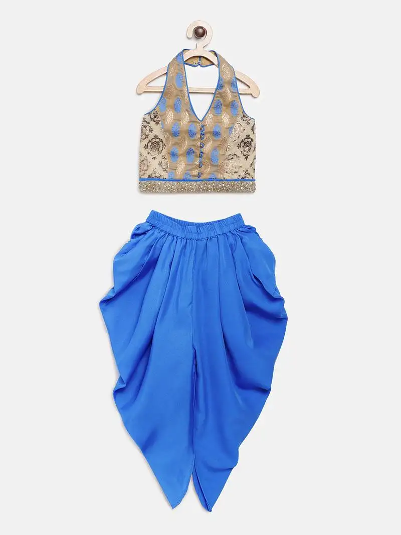 Blue printed brocade kids-tops