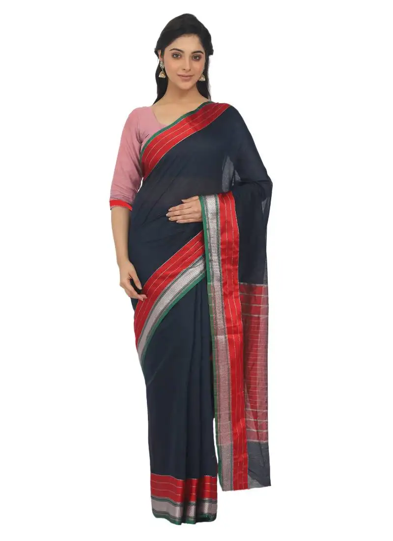 Dark blue plain cotton silk saree with blouse