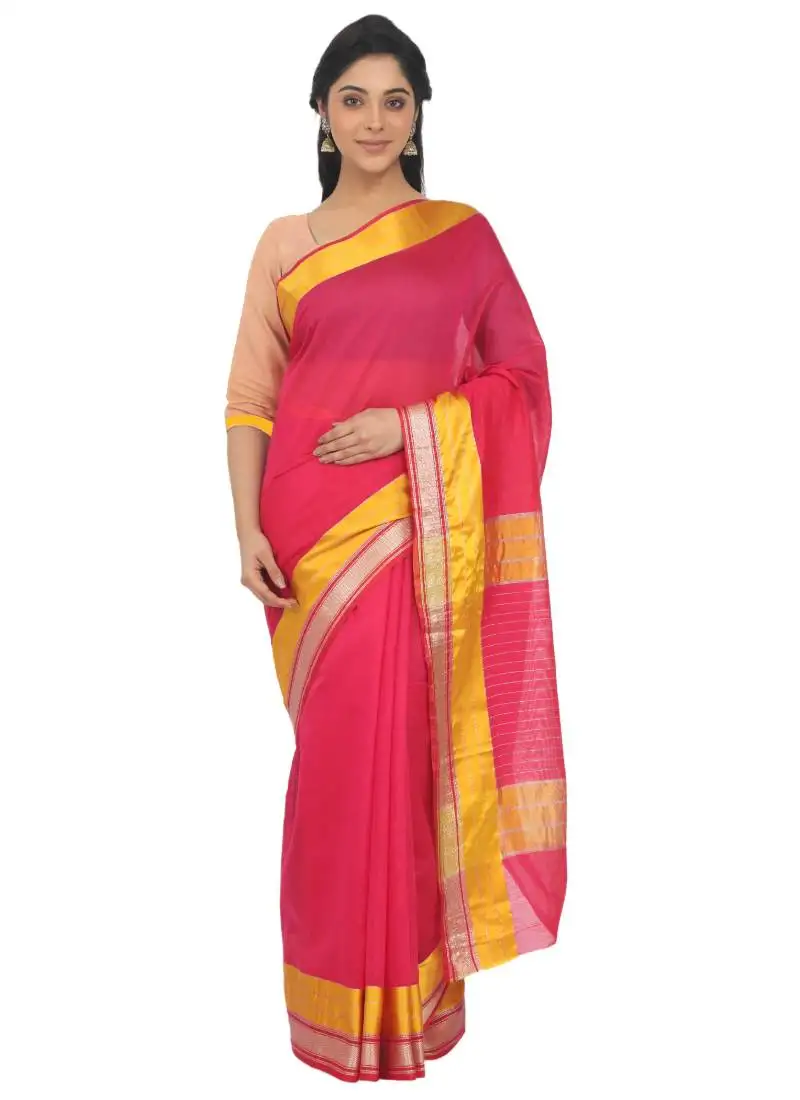 Pink plain cotton silk saree with blouse
