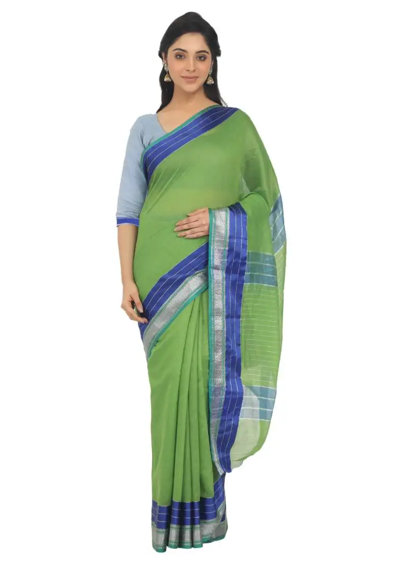 Green plain cotton silk saree with blouse