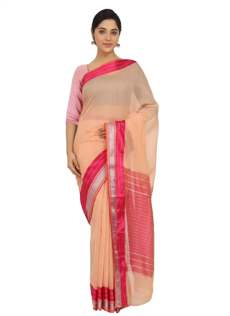 Orange plain cotton silk saree with blouse