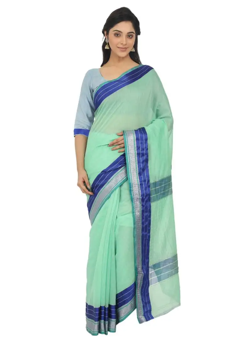 Sea green plain cotton silk saree with blouse