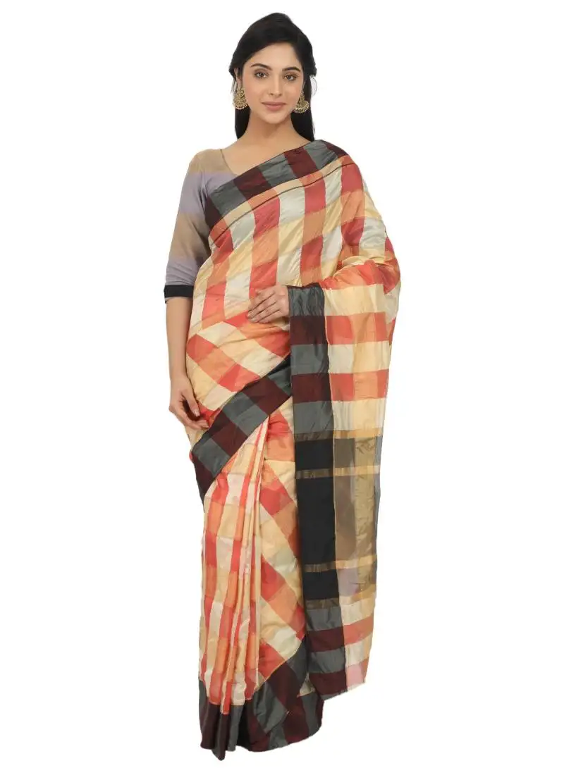 Red plain cotton silk saree with blouse