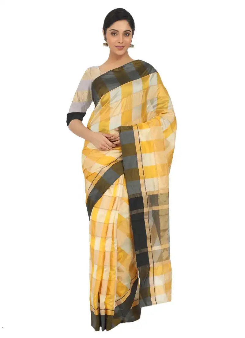 Yellow plain cotton silk saree with blouse