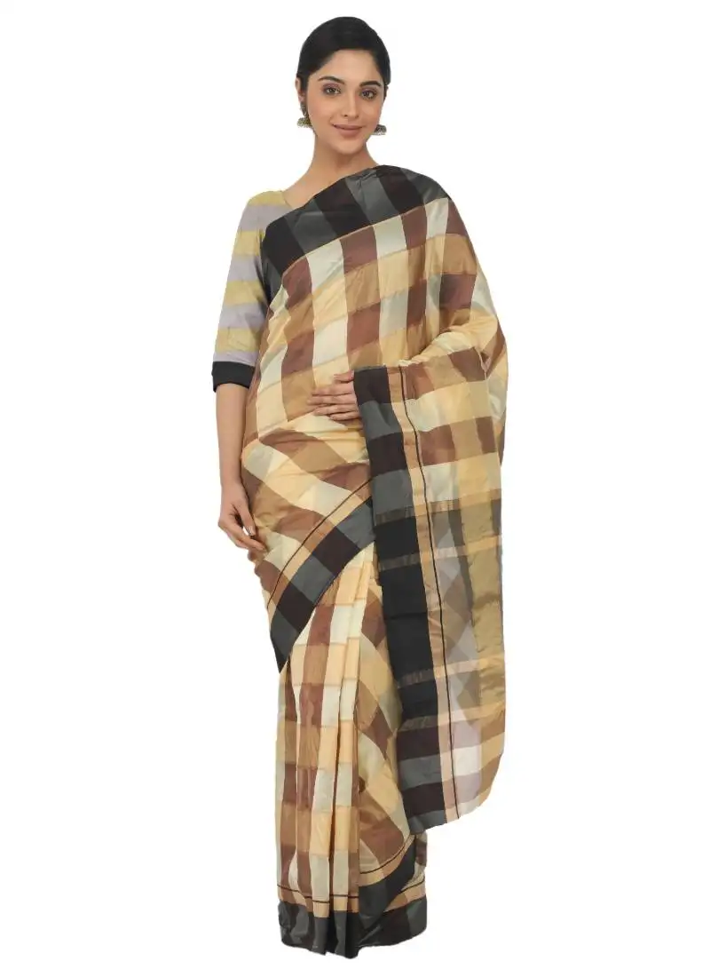 Brown plain cotton silk saree with blouse