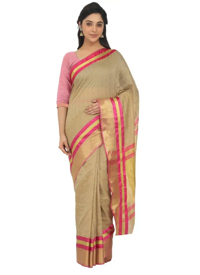 Beige plain cotton silk saree with blouse