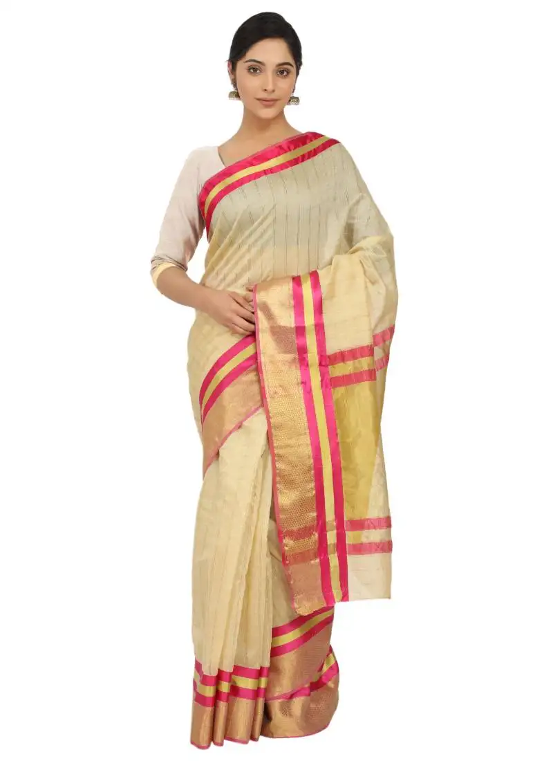 Cream plain cotton silk saree with blouse