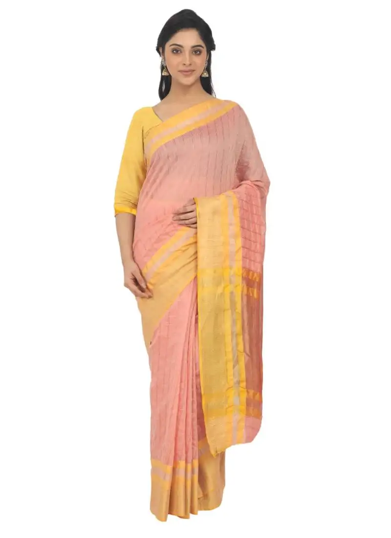 Peach plain cotton silk saree with blouse