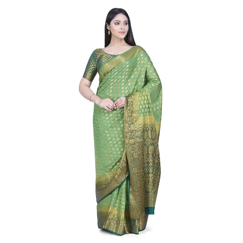 Green woven banarasi cotton saree with blouse