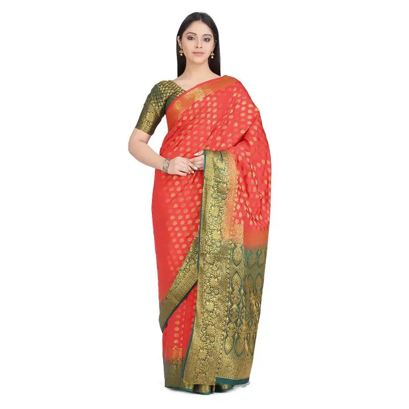 Red woven banarasi cotton saree with blouse