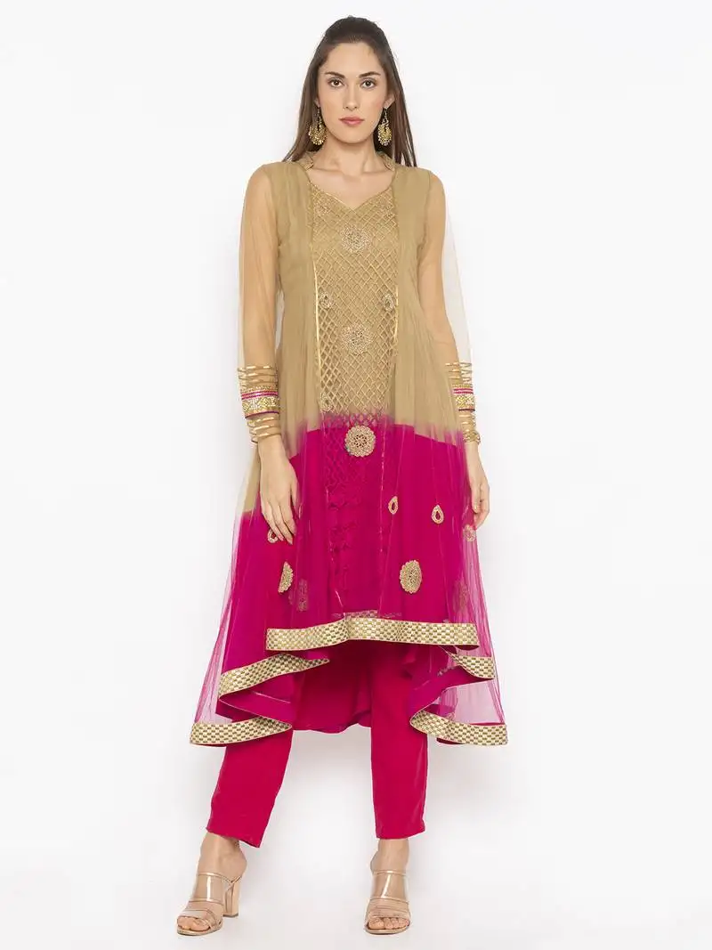 Beige embroidered net party wear kurti
