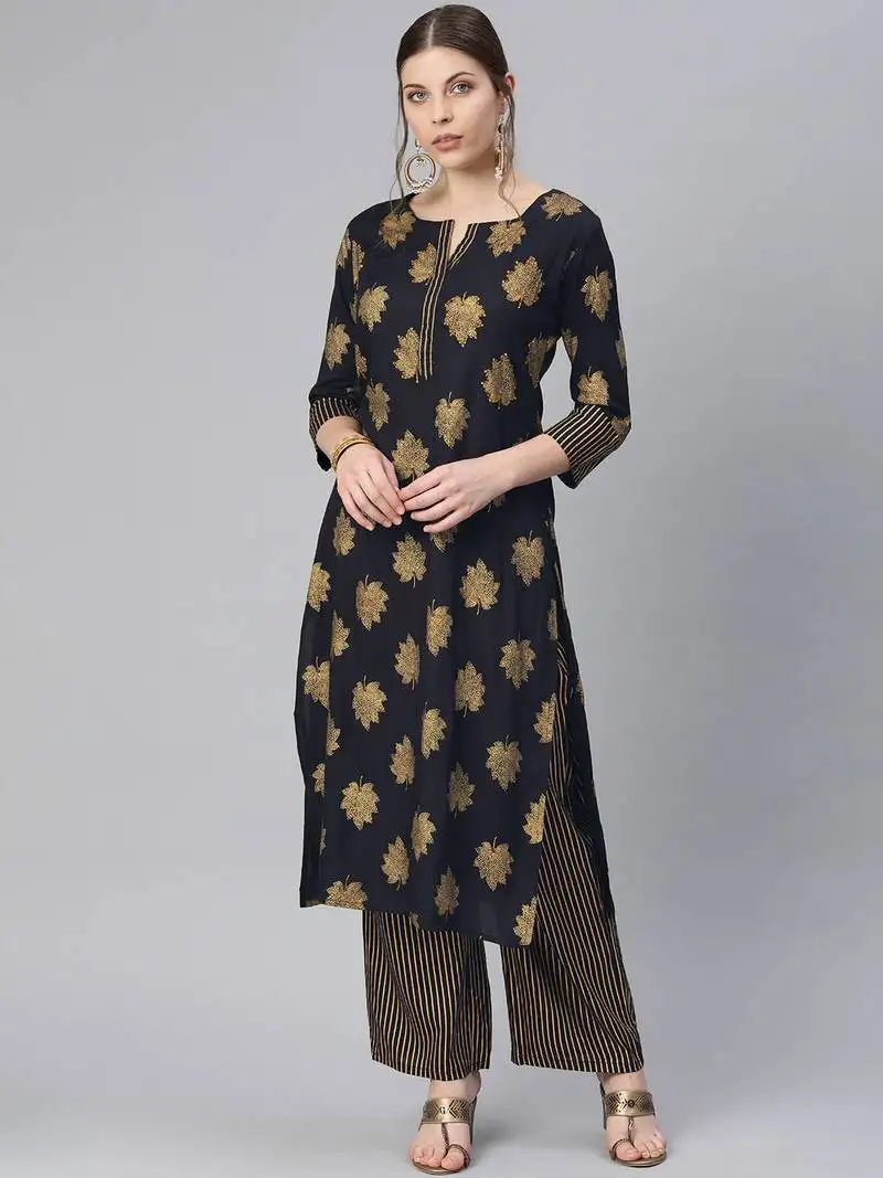 Rayon foil printed navy blue straight kurta and palazzo set