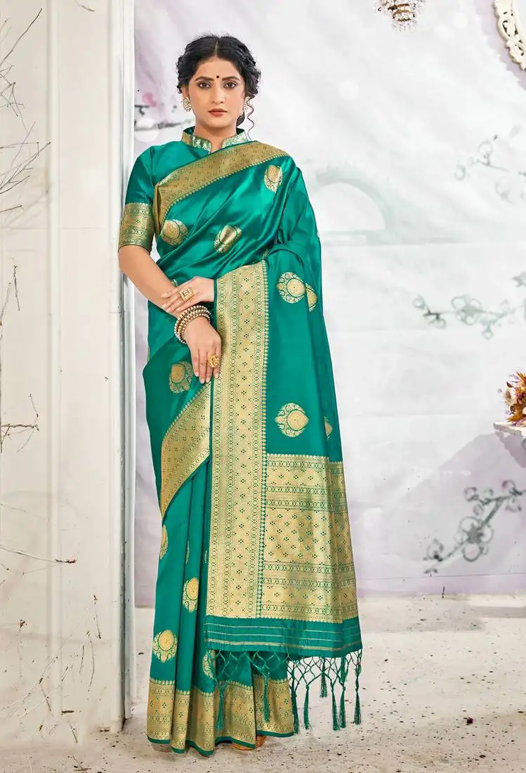 Teal woven silk saree with blouse