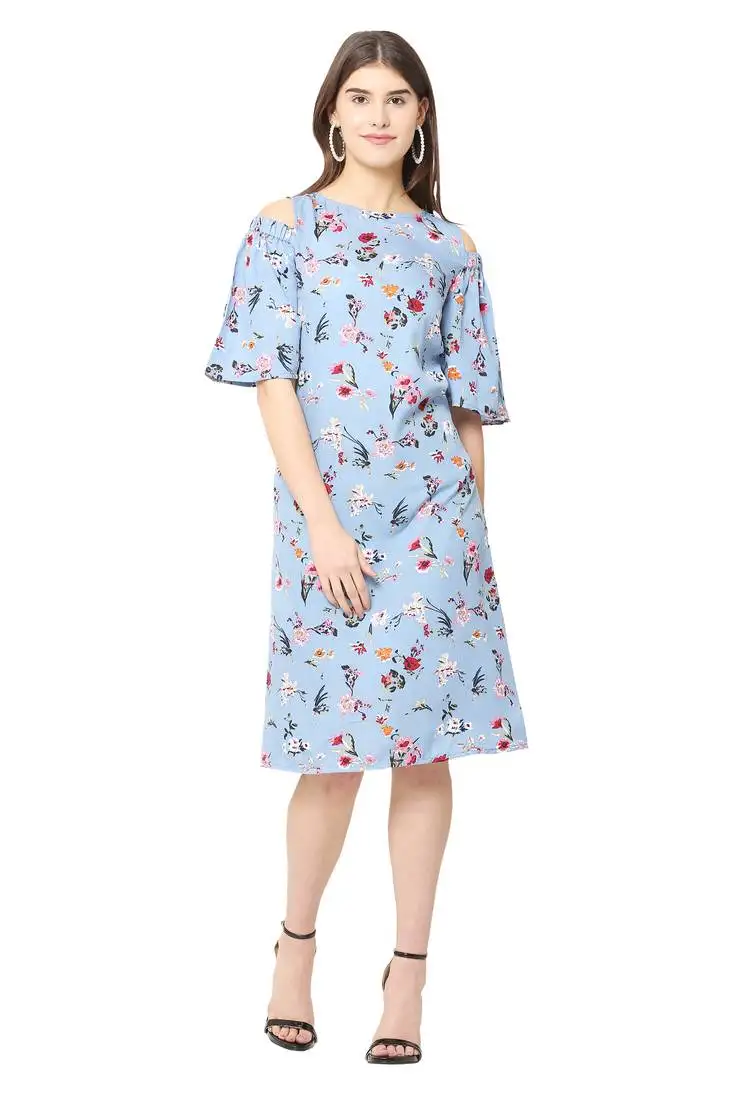 Blue printed crepe short-dresses