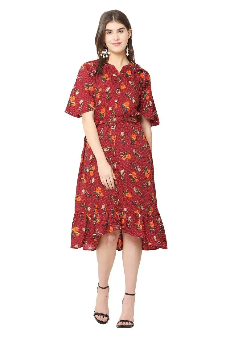 Maroon printed crepe short-dresses