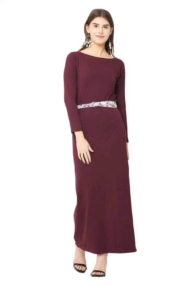 Maroon plain blended cotton long-dresses