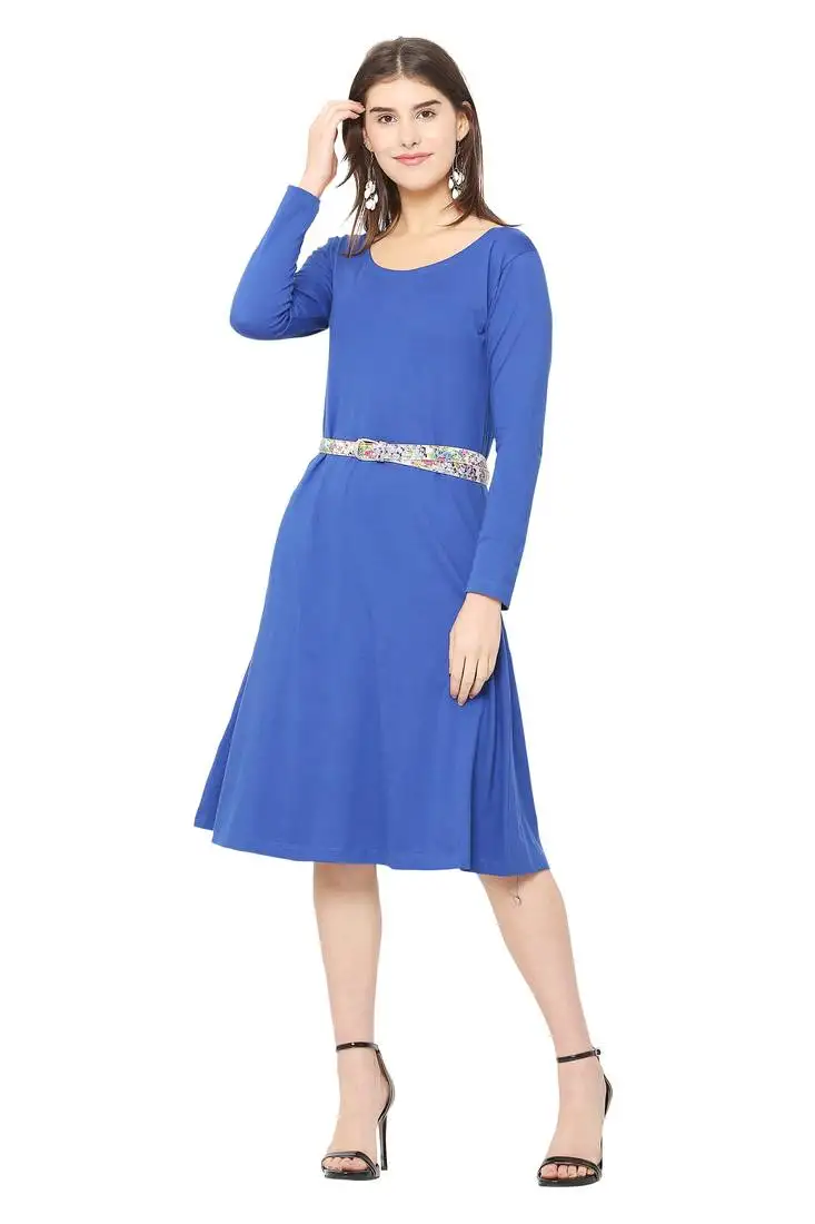 Blue plain blended cotton short-dresses