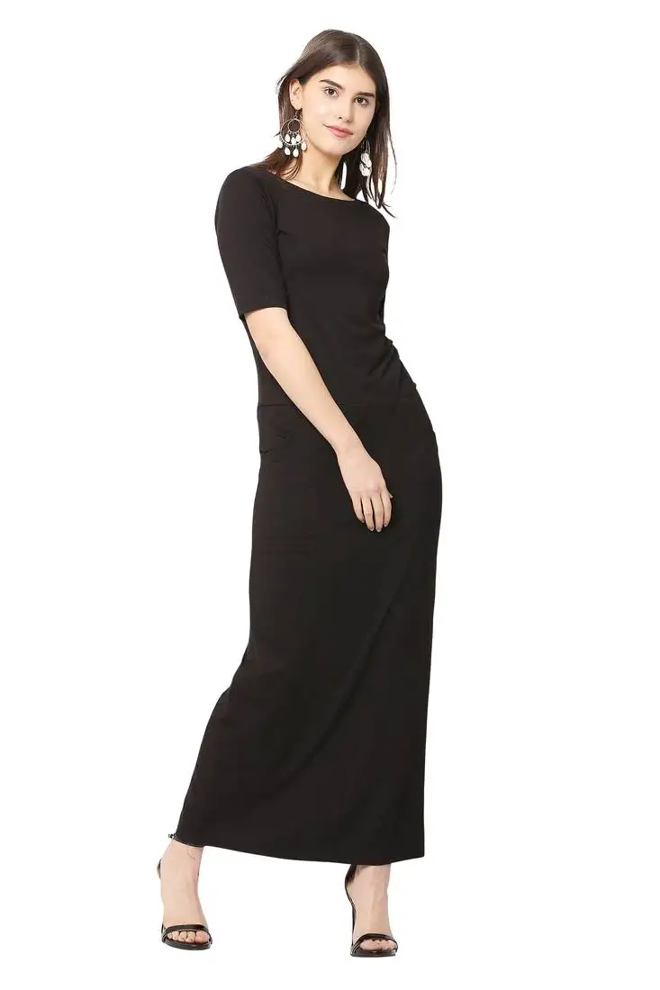 Black plain blended cotton long-dresses